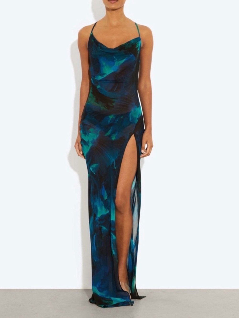 Rat & Boa Teal and Navy Cowl Neck Maxi Dress with High Slit